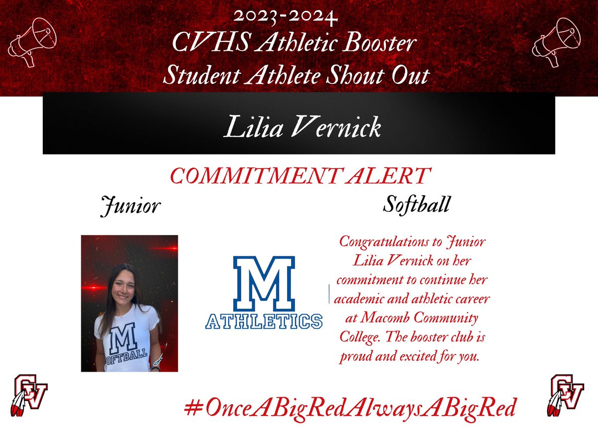 *Commitment Alert*
Congrats to Class of 2025 Lilia Vernick on her commitment to continue her academic and athletic at Macomb Community College. The booster club is proud and excited for you. #BigRedsPlayingAtTheNextLevel #OnceABigRedAlwaysABigRed
<a href="/MacombSoftball/">Macomb Softball</a> <a href="/CV_Softball_/">Chippewa Valley Softball</a>