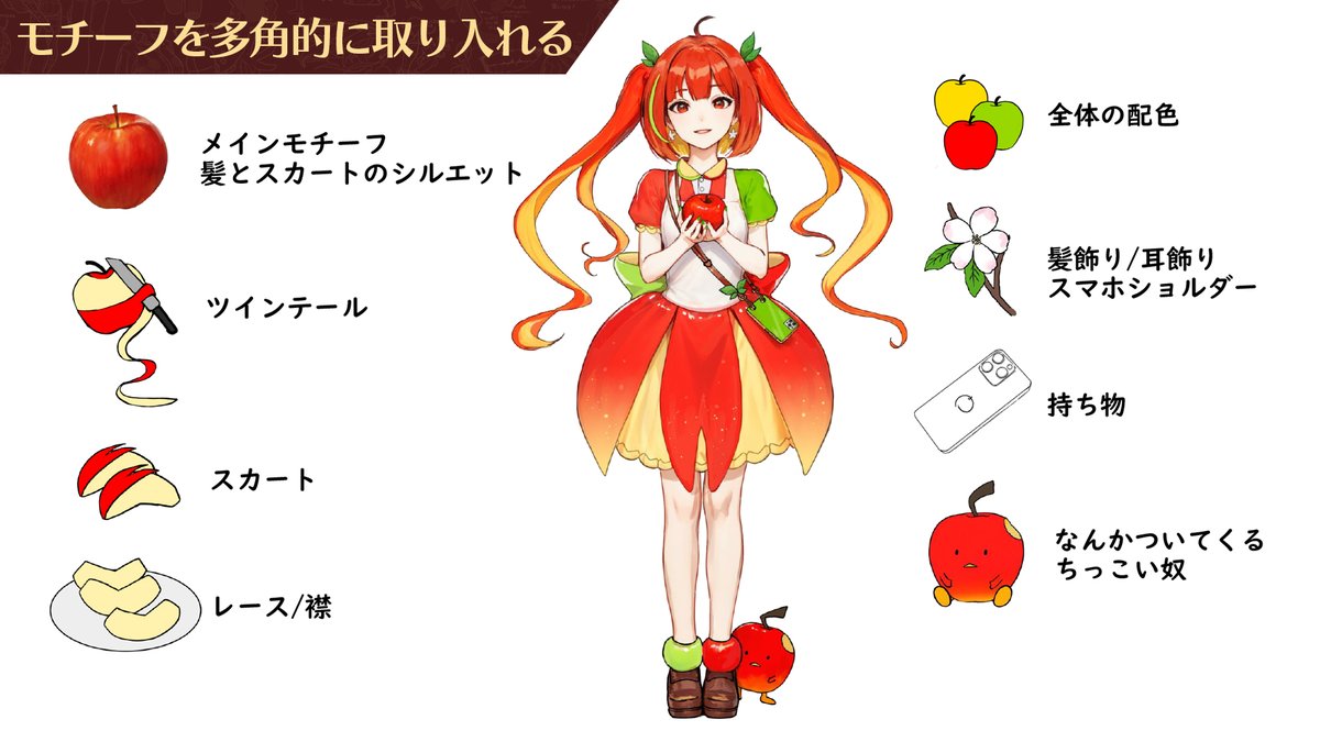 KawaiiSensei_jp's tweet photo. 【キャラデザ講座】
単体モチーフの擬人化のコツ🍎 https://t.co/0fDBknW3Nr