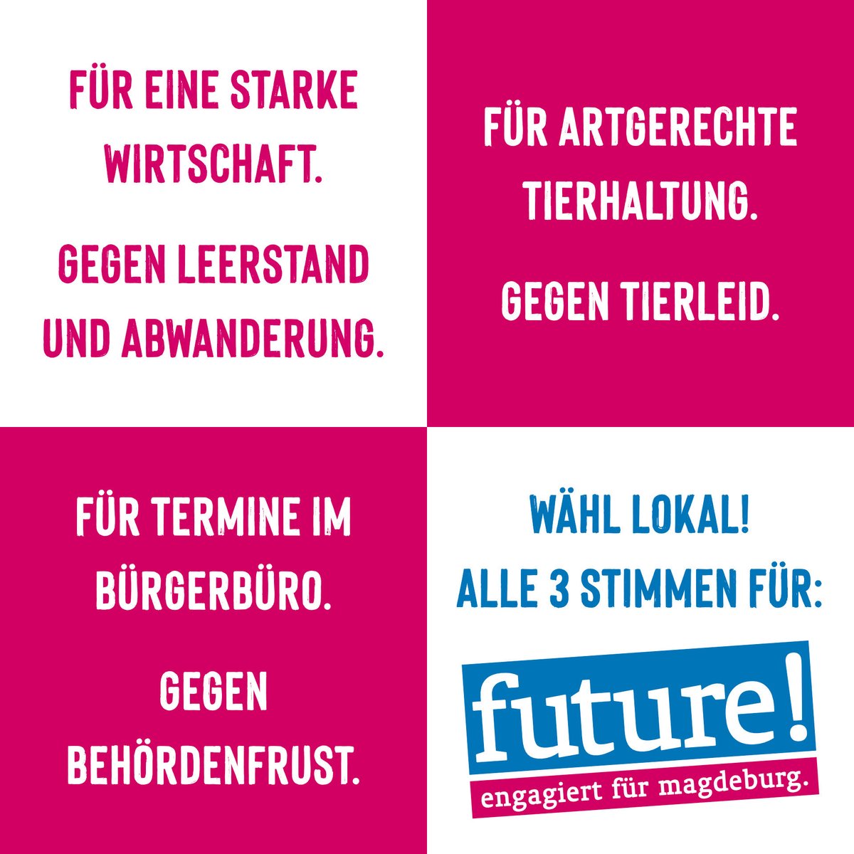 Der Wahltag steht vor der Tür. Morgen früh um 8 Uhr öffnen die Wahllokale. Hier als Überblick unser Wahlprogramm in Kurzform - und auf unserer Homepage unter fuermagdeburg.de auch ausführlich. Daher: Wähl lokal - mit allen drei Stimmen für <a href="/futuremagdeburg/">future! Magdeburg</a> 🗳️🙏 #Magdeburg