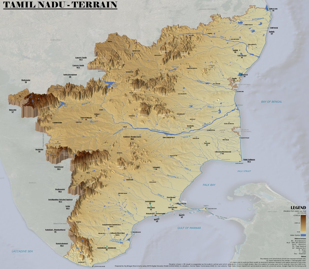 3D #Visualization of Tamil Nadu's Terrain with a focus on protected areas' location in the state