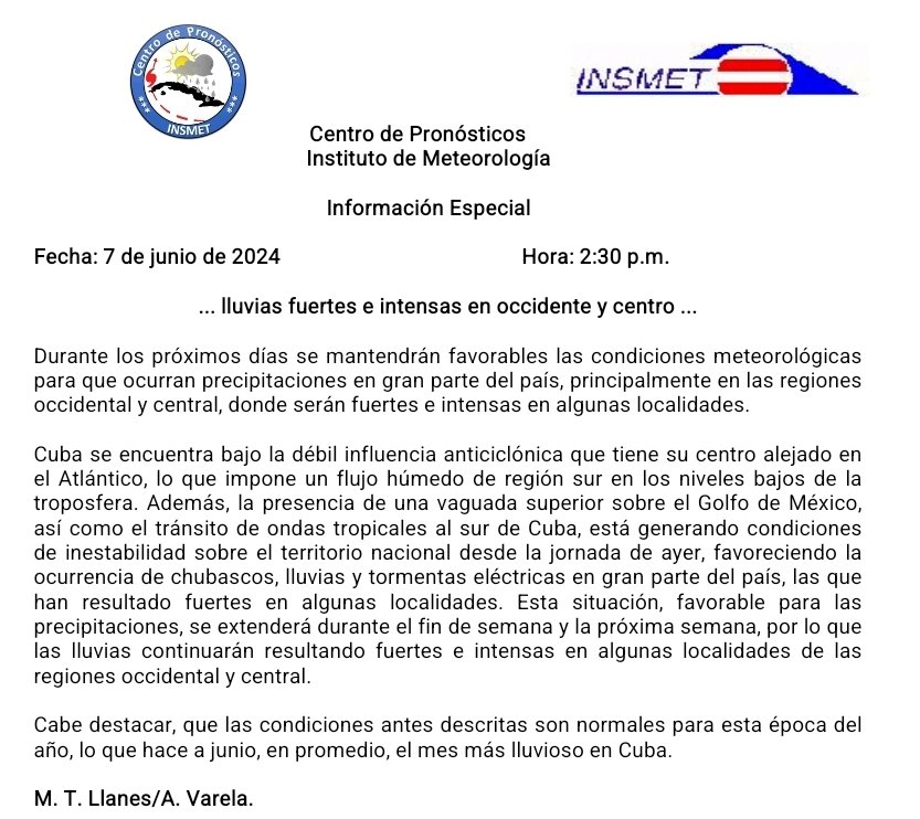 #TemporadaCiclónica2024 
‼️AVISO‼️ #Cuba
Emite el Centro de Pronósticos del Insmet Información Especial, se pronostican lluvias y fuertes vientos. <a href="/Barbara78904587/">BarbaraRojas</a> <a href="/LiannaMartnez/">Lianna Martínez</a> <a href="/dianellapp/">dianellapp</a> <a href="/EscobarNirma/">Nirma Escobar Cabrera</a> <a href="/MTrigueroCruz/">Modesto Triguero Cruz</a> <a href="/pelaez13331/">Olga Pelaez</a>