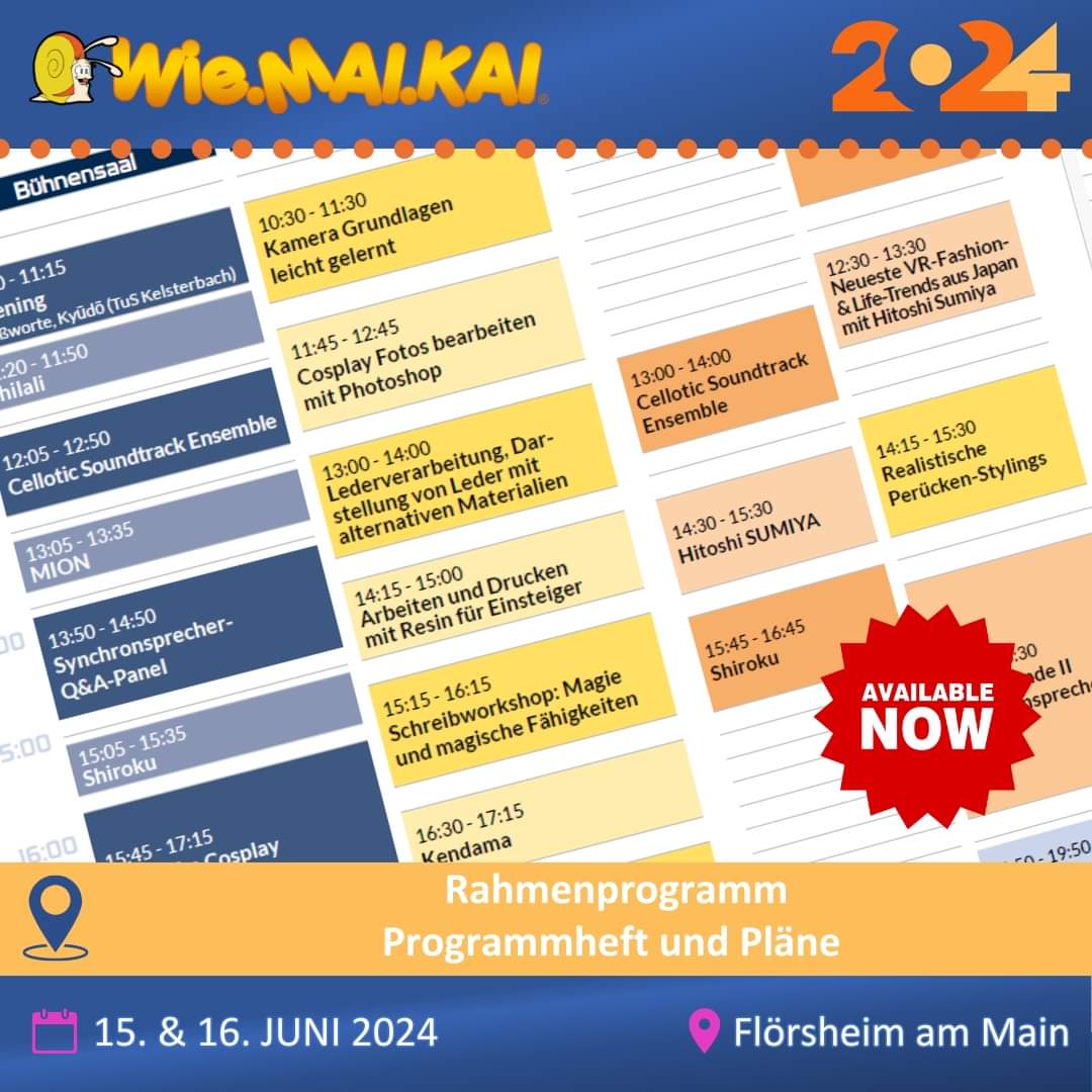 wiemaikai's tweet photo. 📣 Programmheft und Programmpläne online Der eine oder andere hat es schon festgestellt. Unser Programmheft und Pläne sind online: https://t.co/M31ZIf3Q2X Schaut rein und freut euch auf das Spektakel! #wiemaikai #wiemaikai2024 #wmk #wmk2024 #anime #manga #cosplay #convention https://t.co/2Lkjl3fOCD