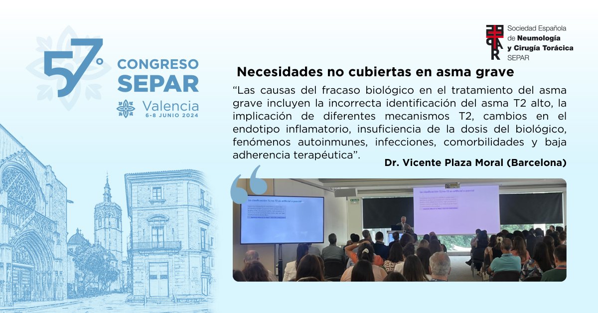 SeparRespira's tweet photo. 😮💨 ¿Cuáles son las necesidades no cubiertas en el tratamiento del asma grave?
➡️ El Dr. Vicente Plaza Moral aborda las causas del fracaso biológico en su intervención sobre la cuantificación de la respuesta al tratamiento biológico.
#Respirasepar #eresepar https://t.co/zn6sDL4tH2