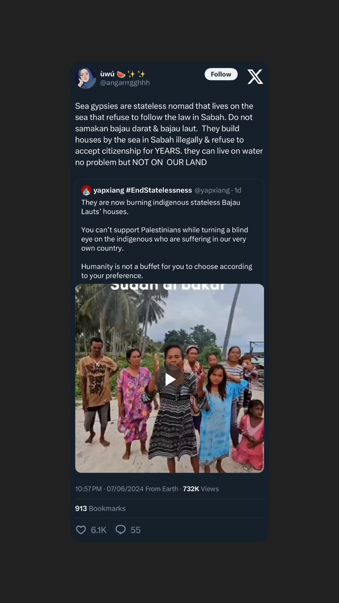 I’m trying my best to be nice on this app but you don’t deserve it.

You literally u-turned after SPREADING FITNAH about Bajau Laut and 732K people saw it.

They’re literally poor, stateless and uneducated.

I pray God will forgive your sin for further oppressing the oppressed.