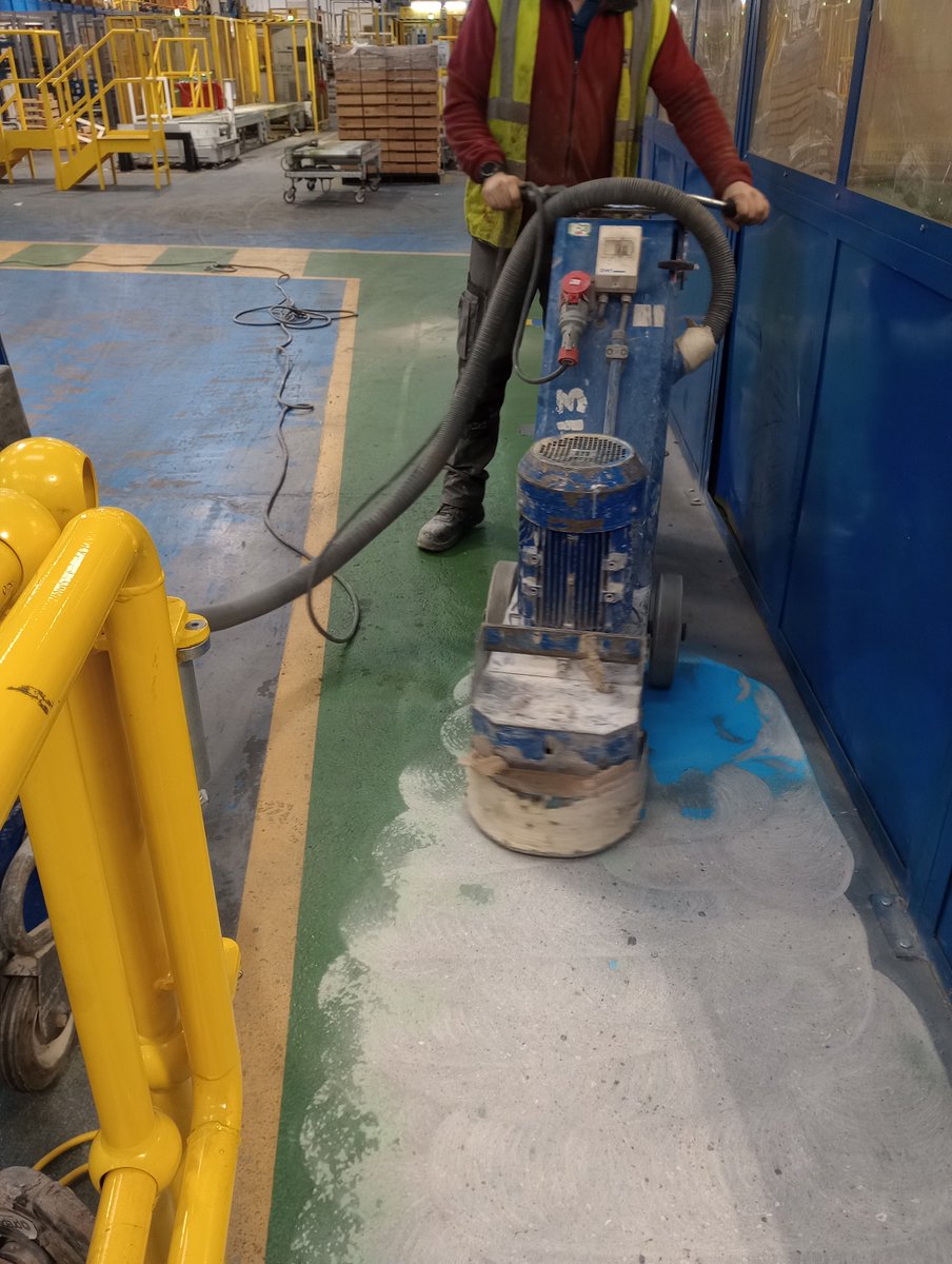 Usual weekend job , floor grinding and installation of epoxy coating materials . Early start but early finish Saturday and Sunday