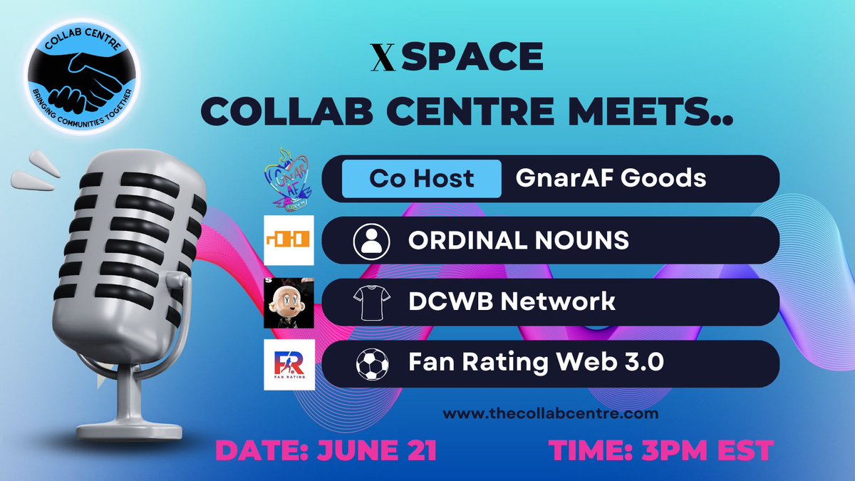 centre_collab's tweet photo. COLLAB CENTRE MEETS..

@ordinalnounswtf 
@fanratingweb3 
@DCWBnetwork 

Co Host - @caleb_tice from @Gnar_AF_Goods 

🗓️ JUNE 21
⏰ 3PM EST

 https://t.co/VNdLTKVoux

#web3 #SpacesHost #Crypto #Blockchain #NFT #Bitcoin #Solana #CollabCentre https://t.co/ouEjYxBy6U