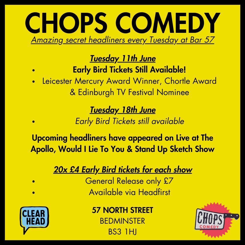 Chopscomedy's tweet photo. GRAB YOUR TICKETS QUICKLY FOR THIS TUESDAY'S CHOPS COMEDY!
EARLY BIRD TICKETS STILL AVAILABLE!

WE BRING YOU AN AMAZING SECRET HEADLINER &amp; THE BEST LOCAL ACTS TESTING NEW JOKES!

GRAB YOUR TICKETS VIA HEADFIRST £4/£7
https://t.co/q50rcKmR4x
#bedminster #WILTY #LIVEATTHEAPOLLO https://t.co/SaCiVtWpm5
