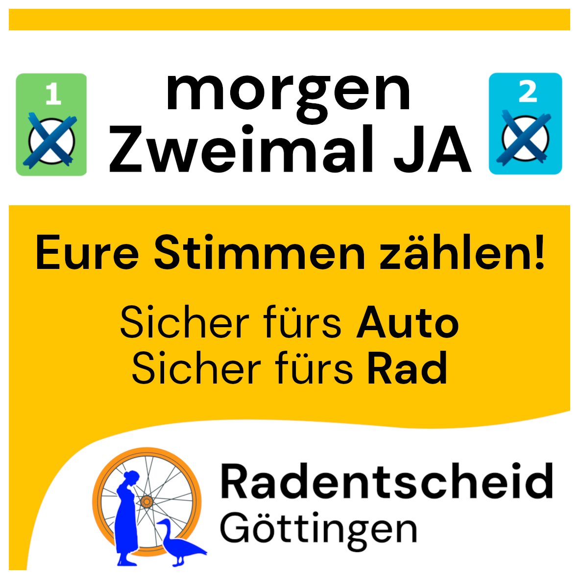 GoettingenZero's tweet photo. Nicht vergessen: Wählen gehen!
Morgen entscheidet sich, ob wir in Göttingen sichere Wege für Fahrrad- und Autofahrer:innen fördern wollen. Daher 2 x JA morgen bei der Europa-/Bürgerentscheid-Wahl für unsere Radentscheide!
#Radentscheid #göttingen #Europawahl #Europawahl2024 https://t.co/U7wNXVJgdi