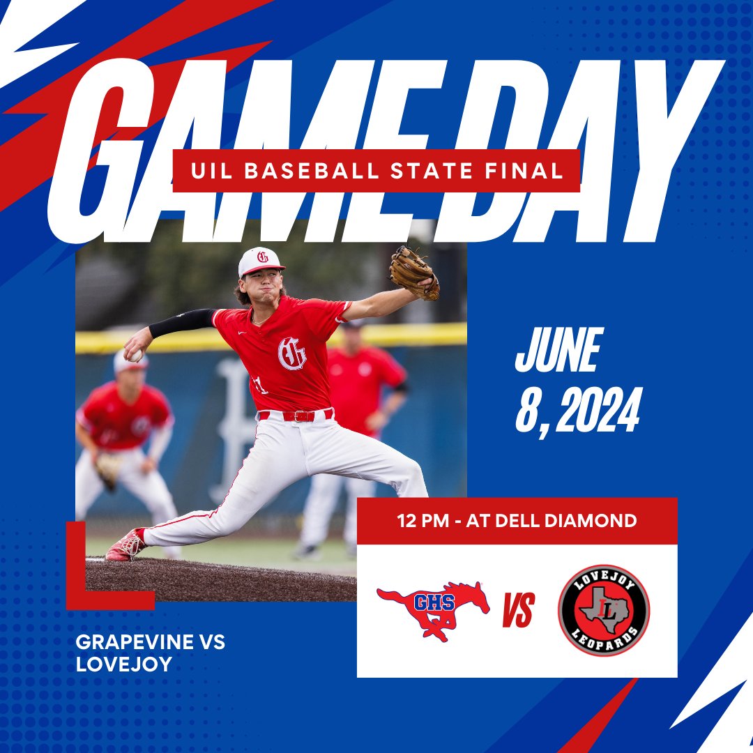 Grapevine-Colleyville ISD (@gcisd) on Twitter photo It’s game day for the <a href="/Gvinebaseball/">Mustang Baseball</a> team! Come watch them play in the state final when they take on Lovejoy High School at Dell Diamond in Round Rock. First pitch is at noon. Show up and be loud! #WeAreGCISD It’s game day for the <a href="/Gvinebaseball/">Mustang Baseball</a> team! Come watch them play in the state final when they take on Lovejoy High School at Dell Diamond in Round Rock. First pitch is at noon. Show up and be loud! #WeAreGCISD