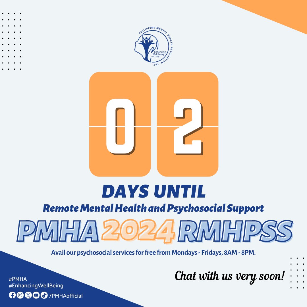 PMHAofficial's tweet photo. 2 DAYS UNTIL WE ARE BACK! ๐
June 10, 2024 will be the start of #PMHA2024RMHPSS to again offer free mental health consultations for 3 months.
Chat with us very soon!
#PMHA #EnhancingWellBeing https://t.co/5aJ5UaKQZa