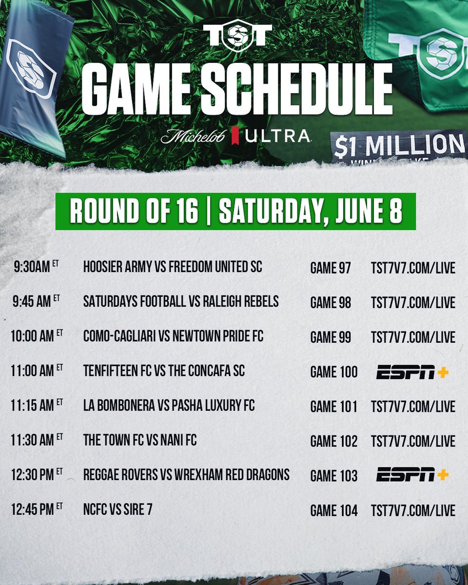 TST7v7's tweet photo. Schedule for today’s TST Round of 16 Matches! 

Catch all of the action on ESPN+ &amp; https://t.co/90azZfLM0G - https://t.co/FcGqON4Qx2
