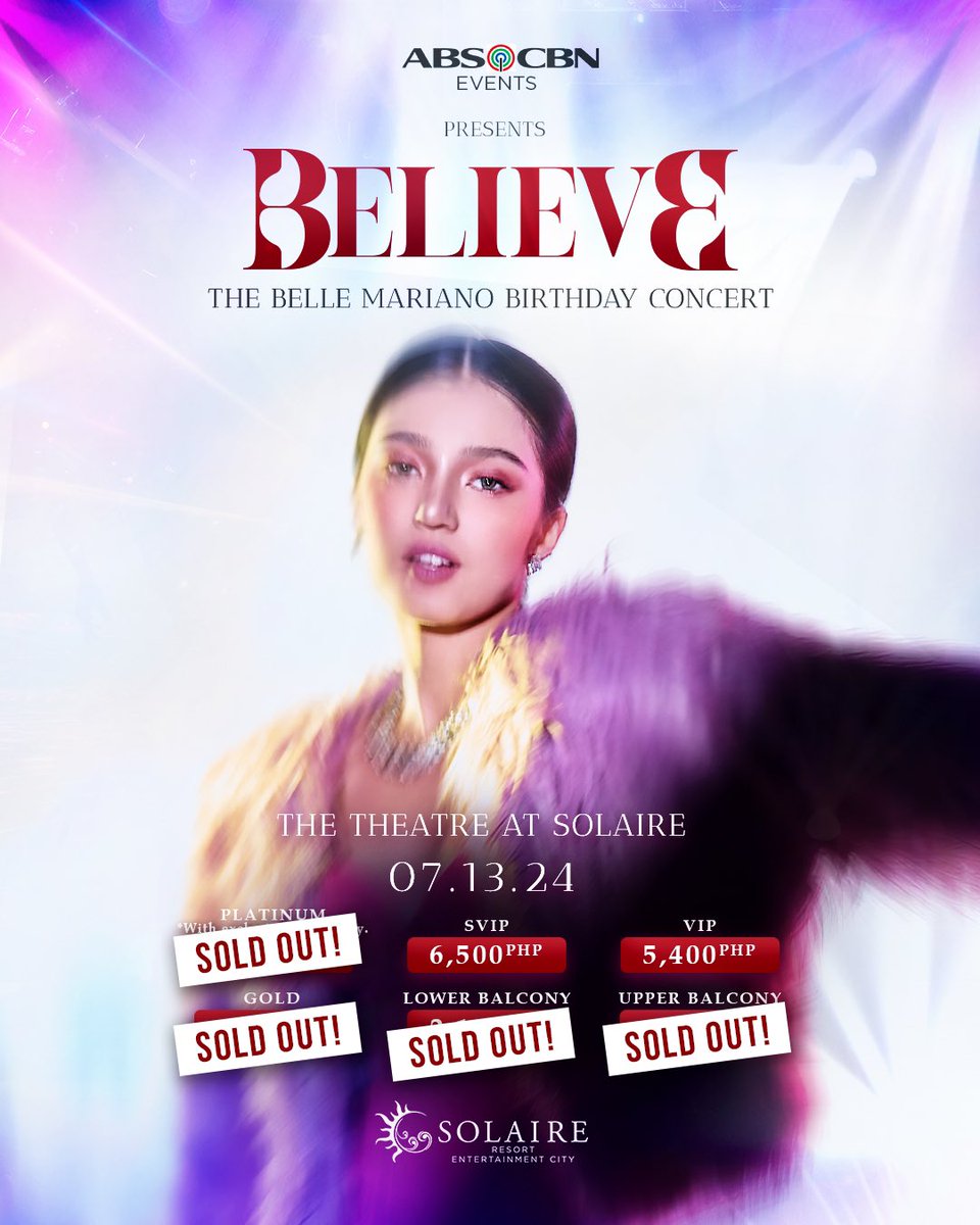 GOLD AND LOWER BALCONY NOW SOLDOUT TOO! ✨

SVIP and VIP tickets are still available! Papayag ka bang di mapanood at mawitness kung anong gagawin ni <a href="/bellemariano02/">Belle Mariano</a>? 🫣

Get yours here: bit.ly/3VgyKz7 

#BelleMariano #BELIEVETheConcert #StarPopPH #ABSCBNEvents