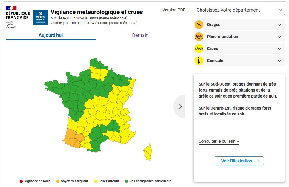 VigiMeteoFrance's tweet photo. Orages intenses ce soir (avec grêle, forte activité électrique) et très forts cumuls de pluie d'ici demain en mi-journée (loc. + de 100 mm possible) sur les 4 dépts du Sud-Ouest en #vigilanceorange orages et pluie-inondation : 32, 40, 64 et 65. 
▶️Infos : https://t.co/h3so1ykAhg https://t.co/f3ZSBbVB4R