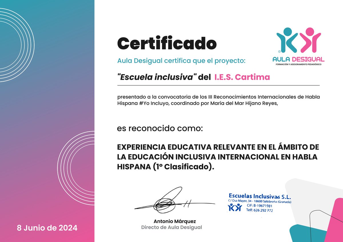 Muchísimas gracias por reconocer nuestro trabajo en <a href="/proyectocartama/">IES Cartima</a> y por hacer visible otra escuela. Me ha encantado la gala, sois maravillosos. #YoIncluyo#AulaDesigual