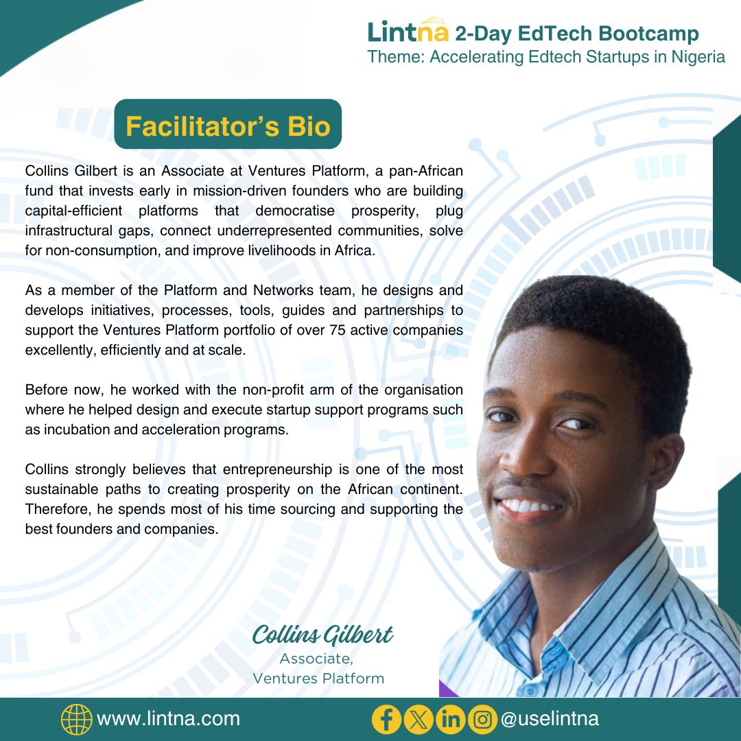 uselintna's tweet photo. @CollinsGilbert7, a driving force behind Africa’s entrepreneurial growth, is joining us as a facilitator at the Lintna EdTech Bootcamp! 

His experience in supporting founders will be invaluable to our participants.

#Lintna #LintnaLms #LintnaBootcamp #elearning #onlinelearning #EdTechBootcamp