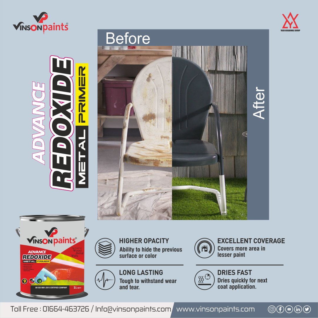 Vinsonpaints's tweet image. Elevate Your Metal Projects with Vinson Paints’ Advance Redoxide Metal Primer! 🛠️✨
Rust-Resistant: Protects your metal surfaces from corrosion.
Transform your metal surfaces with the best in the industry!#VinsonPaints #RedoxidePrimer #MetalProtection #Durability #QualityFinish