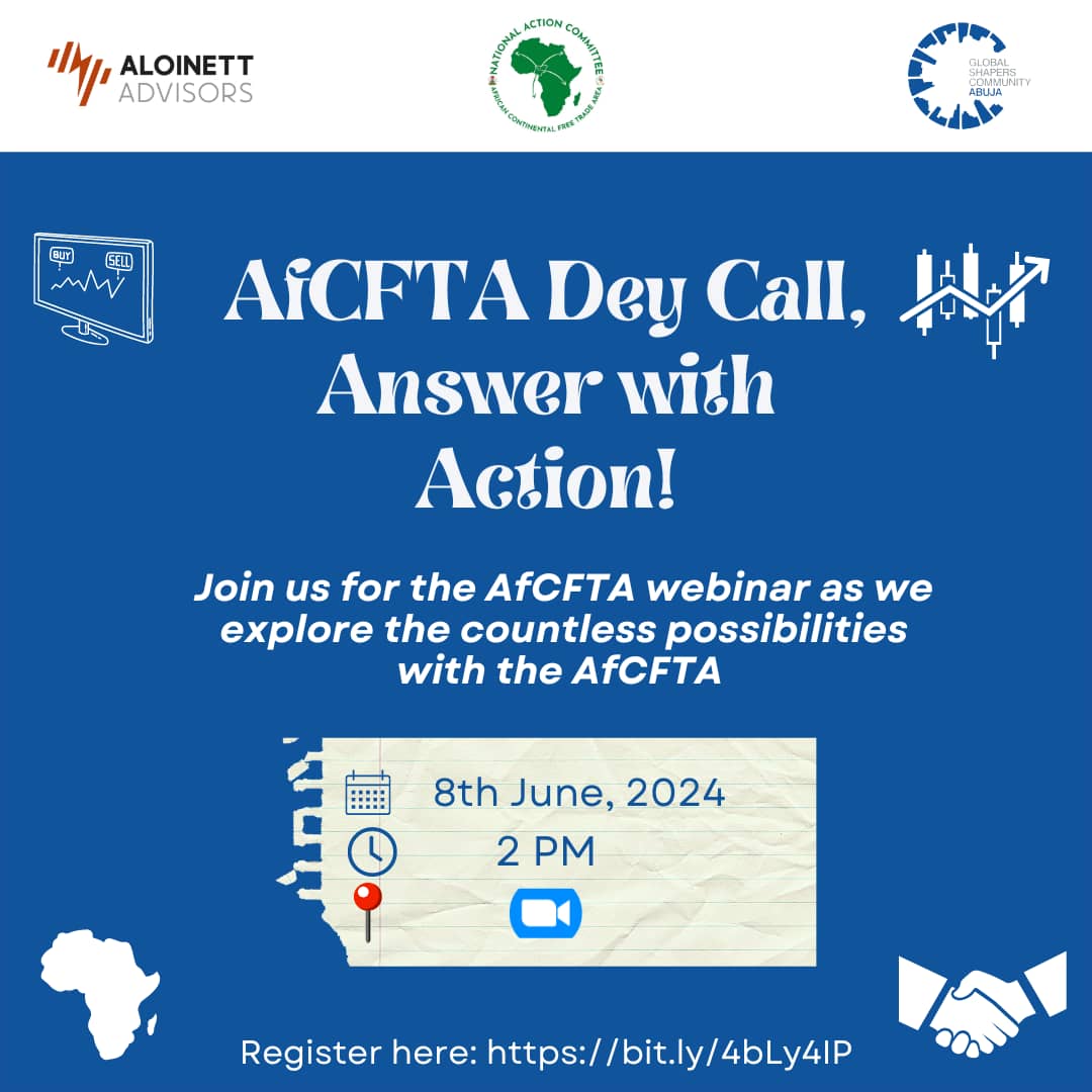 AloinettPolicy's tweet photo. AfCFTA Dey Call: Answer With Action!

Join our webinar on the potential of the African Continental Free Trade Area (AfCFTA) for young Nigerians! 🚀

Happening soon, today June 8, 2 PM WAT 
🔗 https://t.co/bpMRGol11O

#AfCFTA #NigerianYouth https://t.co/COYJYhrNty
