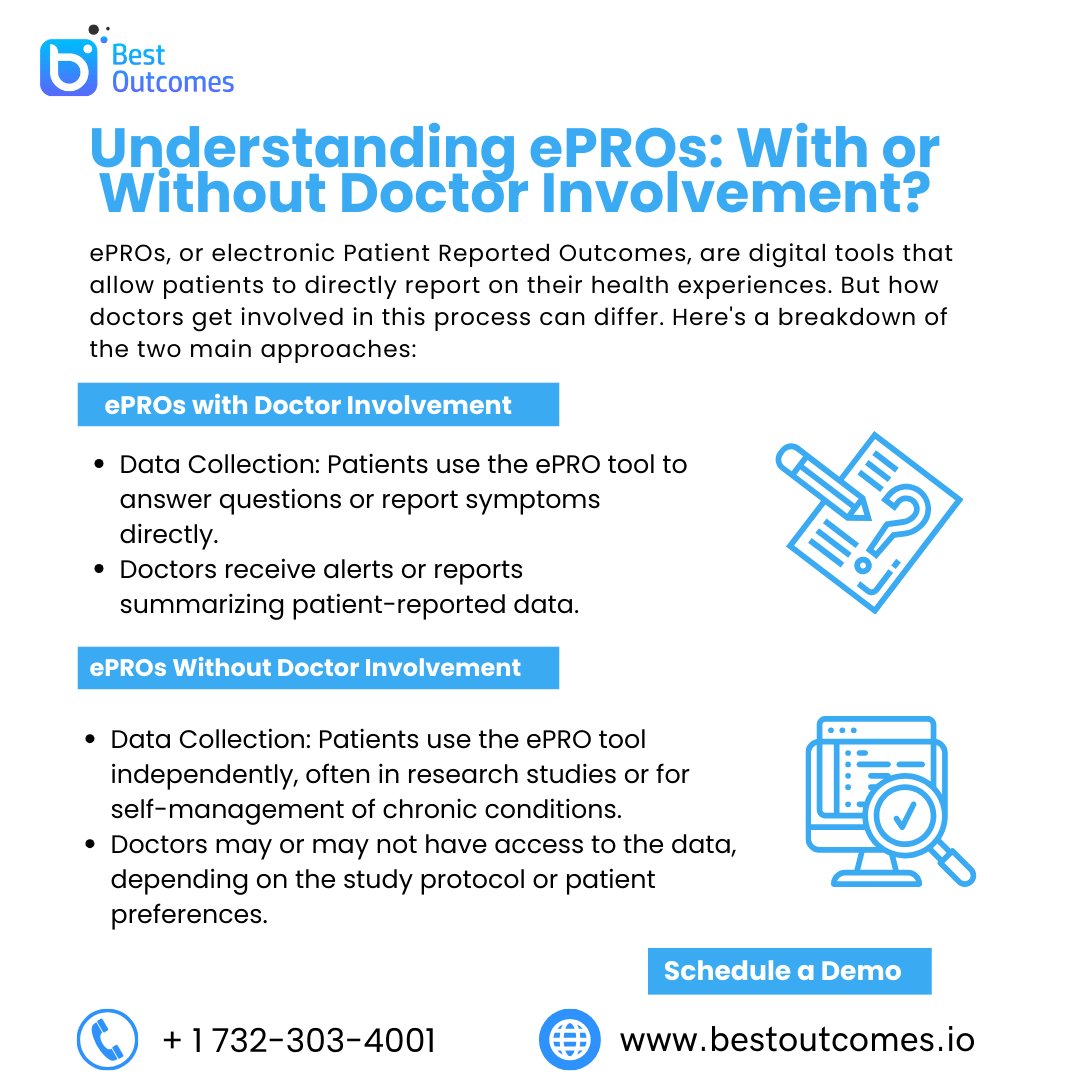 Understanding ePROs with or without Doctor Involvement ✨

#ePROs #clinicalresearch #patientreportedoutcomes #healthcare #telehealth #patientengagement #clinicaltrials #digitalhealth #researchmethods #pharma #medicaldevices #BestOutcomes