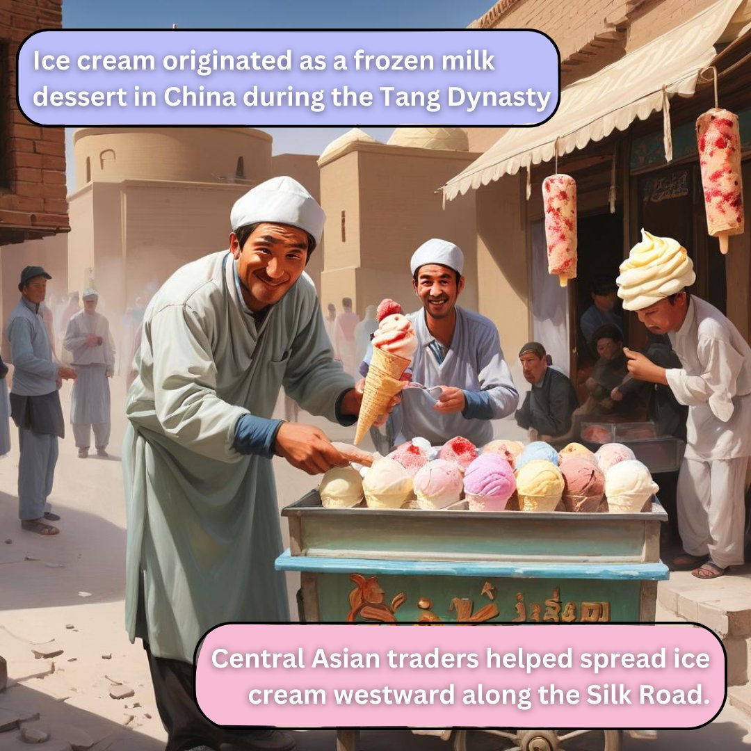IICAinTashkent's tweet photo. Did you know Central Asia helped spread ice cream? During the Tang Dynasty (618–907 AD) in China, a frozen milk dessert was popular. As trade flourished along the Silk Road, Central Asian traders introduced this treat to Persian and Arab cultures.
#LessonsInHistory https://t.co/gC0vVlA42k
