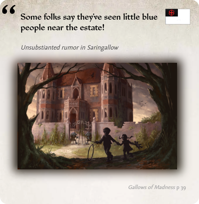 GolarionToday's tweet photo. Rumor: Some folks say they’ve seen little blue people near the estate!
https://t.co/0pjyc7T32K
#4716AR #Saringallow #Sarini https://t.co/AstucSZFgr