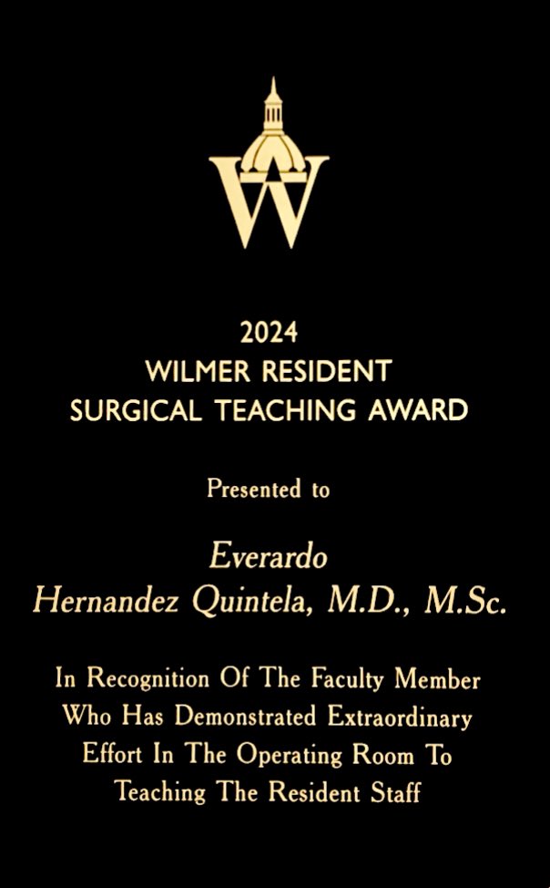 eyegeek's tweet photo. I am deeply honored to have received the 2024 Wilmer Resident Surgical Teaching Award! This recognition is a statement to the dedication, enthusiasm, and hard work of our residents. Thank you all for inspiring me every day. #TeachingExcellence #Gratitude #EducationJourney https://t.co/ZheML1R5Rd