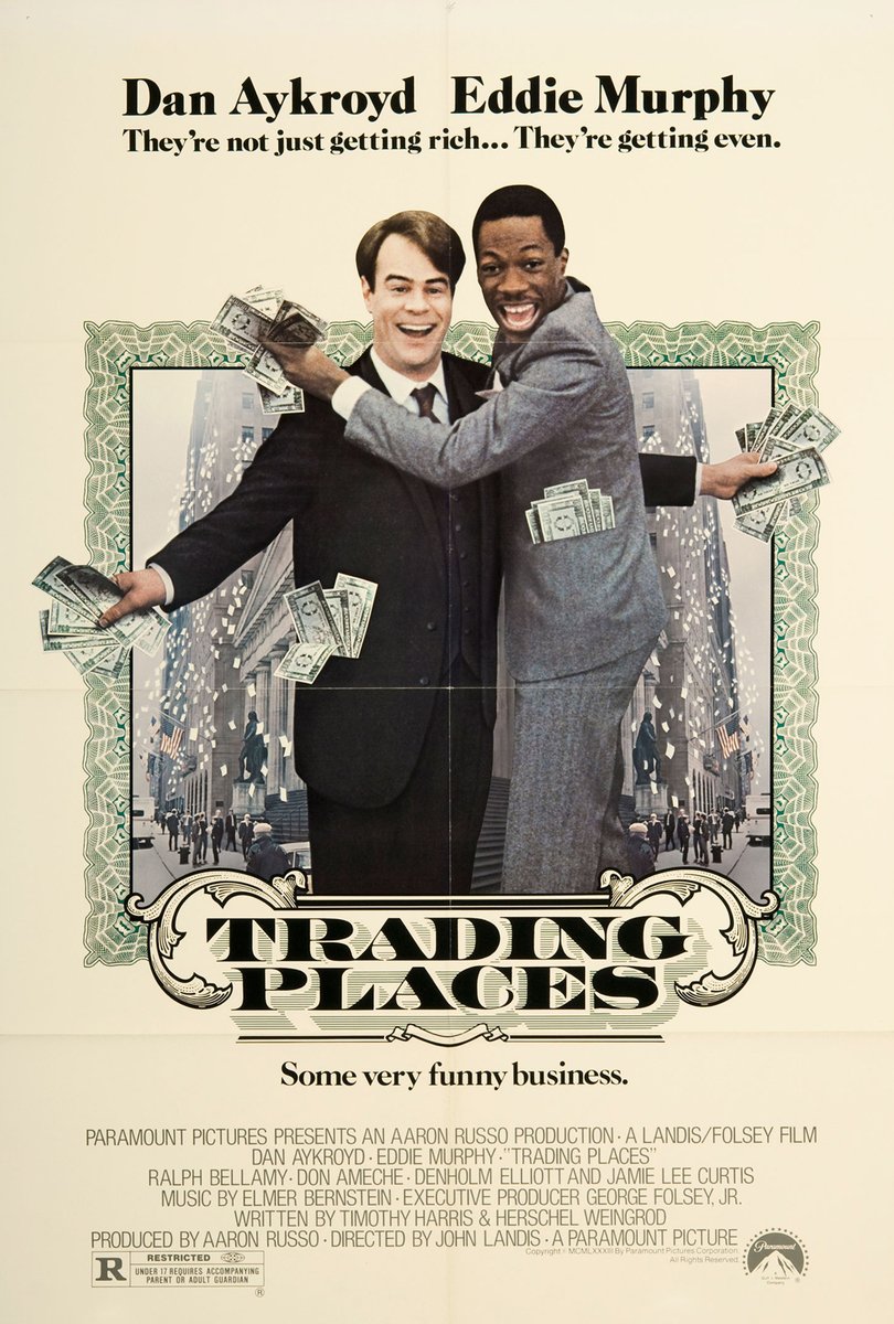 landofthe80s's tweet photo. The comedy film "Trading Places" debuted in theatres today back in 1983. The film stars Dan Aykroyd and Eddie Murphy and was 4th highest-grossing film of 1983. #80s #80smovies #1980s https://t.co/YI678Q0N1A