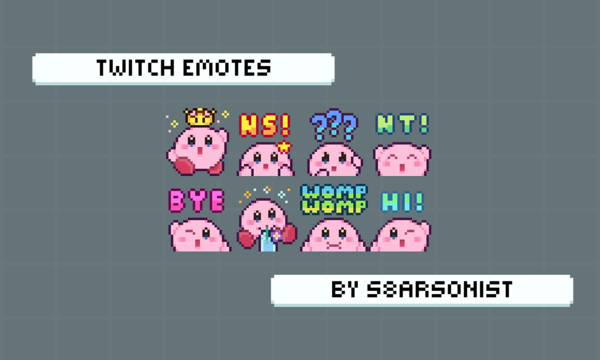 s8artonist's tweet photo. hii it's been a bit quiet 'round here lately but here is a kirby emotes commission for the lovely ttv/sighingnova  ✨🌸

#pixelart #kirby #twitchemotes #vtuberassets https://t.co/2AfZ6SFIb7