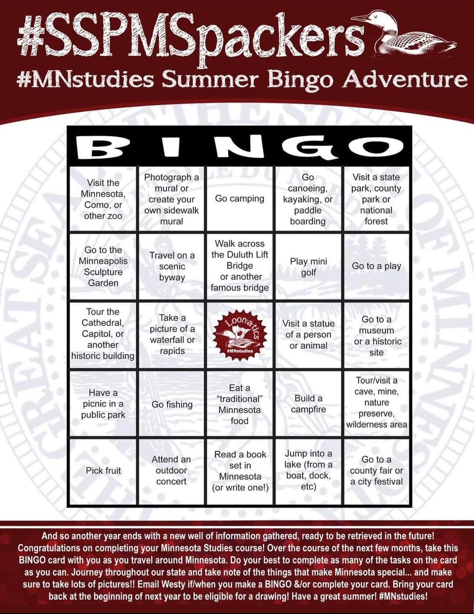 MarkJWestpfahl's tweet image. Summer has officially started!
Tag your favorite city, county, &amp;amp; other elected official(s) so they can suggest the best places in their communities to accomplish the things on this #SSPMSpackers #MNstudies Summer Bingo card.

Share your updates throughout summer using #MNstudies.