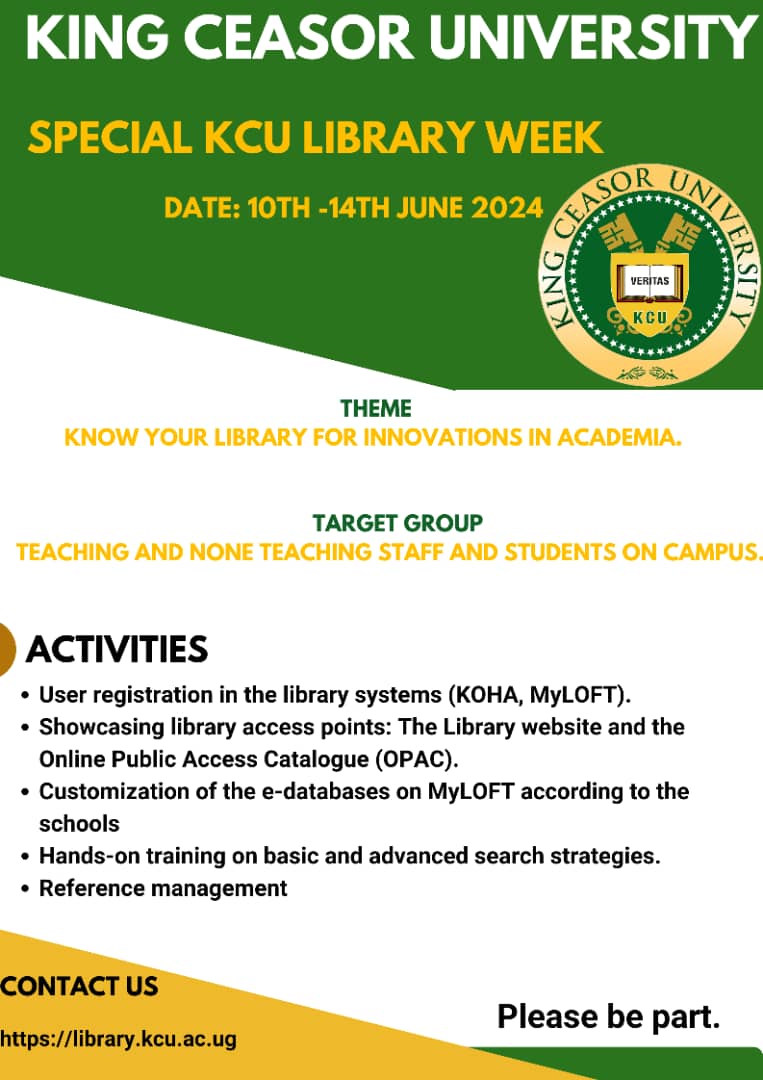 kculibrary's tweet photo. KCU Library week is aimed at enhancing access and utilization of maltifacated library resources and services. https://t.co/W6rZ0HIzlR