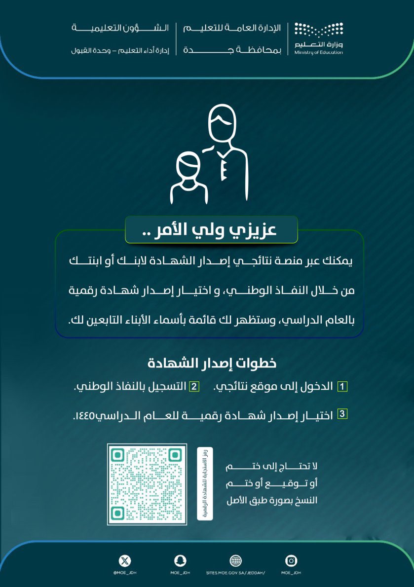 MOE_JDH's tweet photo. #نتائجي |
عزيزي ولي الأمر.. 
يمكنك عبر منصة نتائجي إصدار الشهادة لابنك أو ابنتك من خلال النفاذ الوطني، واختيار إصدار شهادة رقمية بالعام الدراسي، وستظهر لك قائمة بأسماء الأبناء التابعين لك.
https://t.co/ydXkjalxKG
#تعليم_جده https://t.co/5rgn0nTbGi