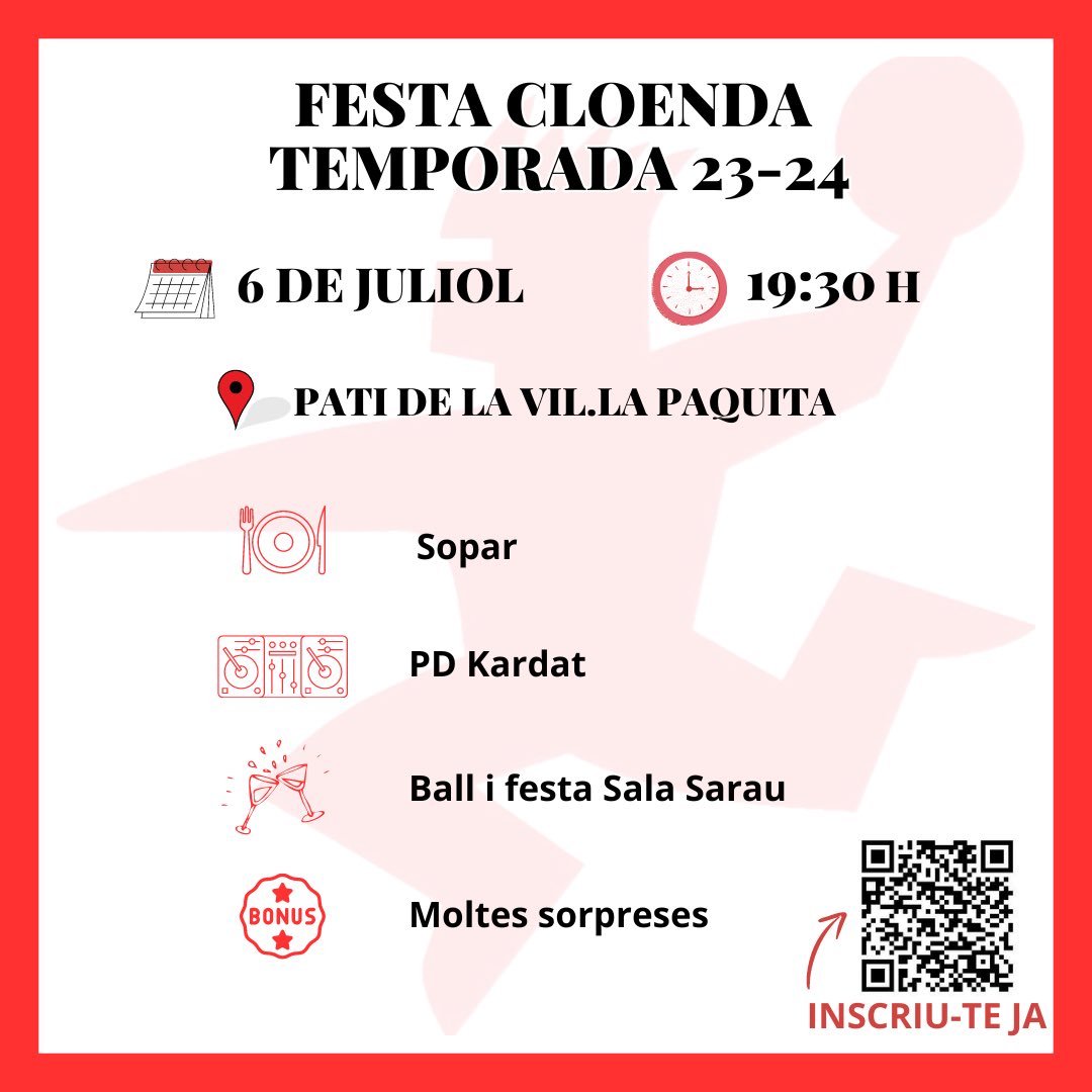 📣En poques setmanes s'acaba la temporada 2023-2024 i ho celebrarem amb una festa com cal!🎉🎉

📆El dia 6 de juliol
 🕢 19:30 
📍Pati de la Vil·la Paquita

Gaudirem d'un vespre i nit de moltes emocions.🎊🪩✨

tpvsports.com/Formularis.asp…