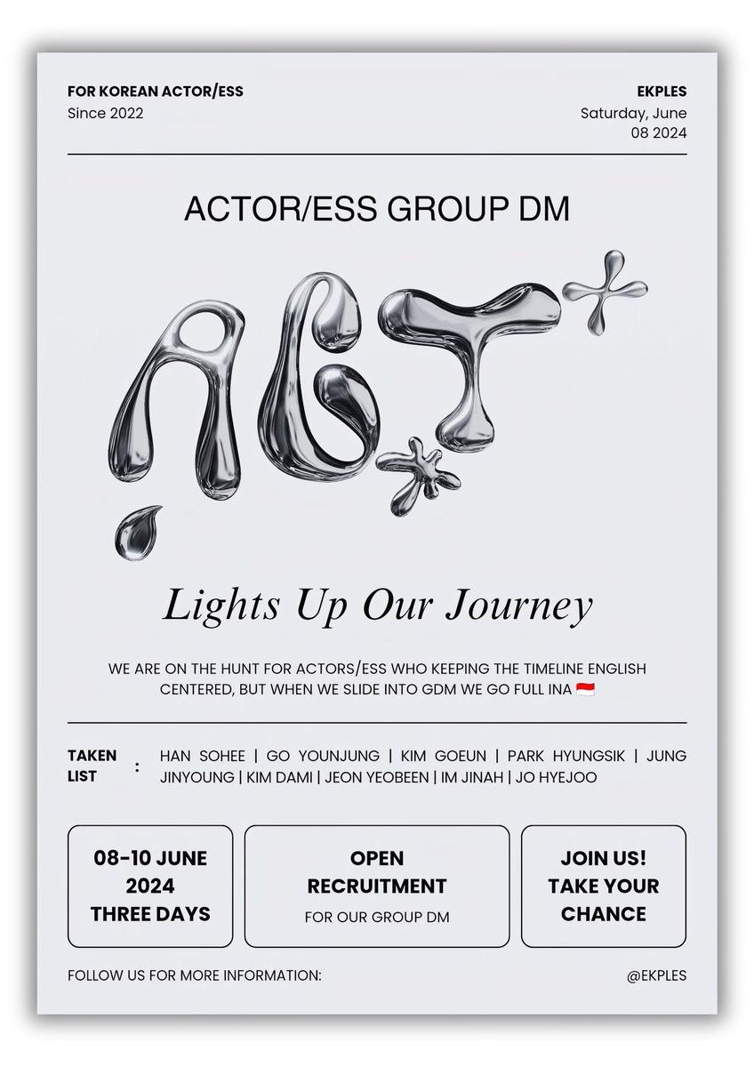 ekples's tweet photo. RETWEETS APPRECIATED!

Hey folks! 🎬 We, ACT+ is on the lookout for English-speaking K-actors and actresses but are totally cool switching to full 🇮🇩 in GDM. Ready to join the fun? Drop your intro below and keep your request DM open. Much love in advance! https://t.co/crjGl30c44