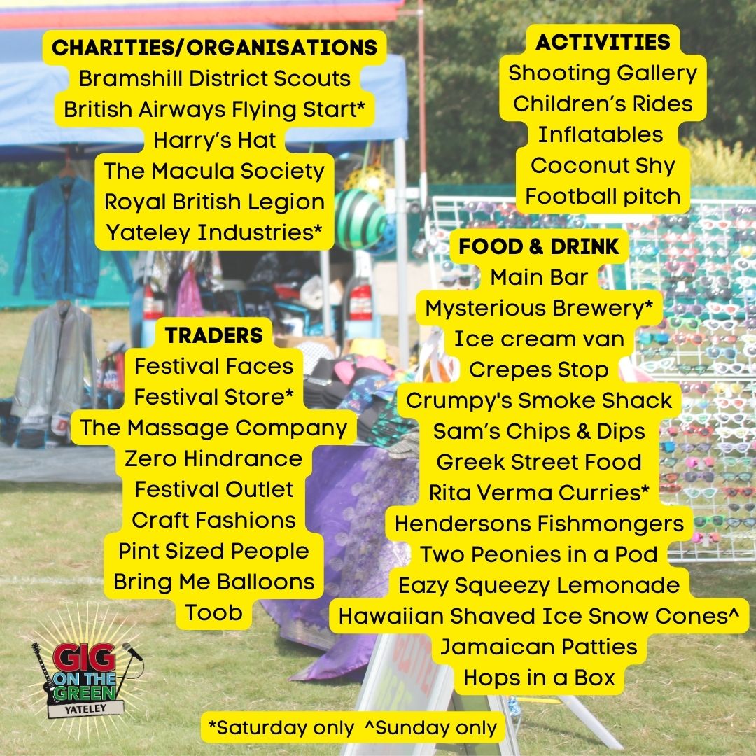 Get ready for a fantastic Gig on the Green weekend at the end of this month!  Here are all the amazing charities you can support, delicious food and drinks to fuel your fun, and unique stalls to explore. See you there! #GOTG2024