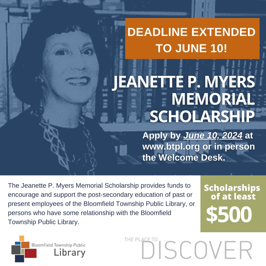 Don't miss out on this incredible opportunity! There are just two days left to apply for the Myers Scholarship. If you have a relationship with the Library, submit your application by June 10 for a chance to win a scholarship of at least $500. 📝🌟 btpl.org/jeanette-p-mye…