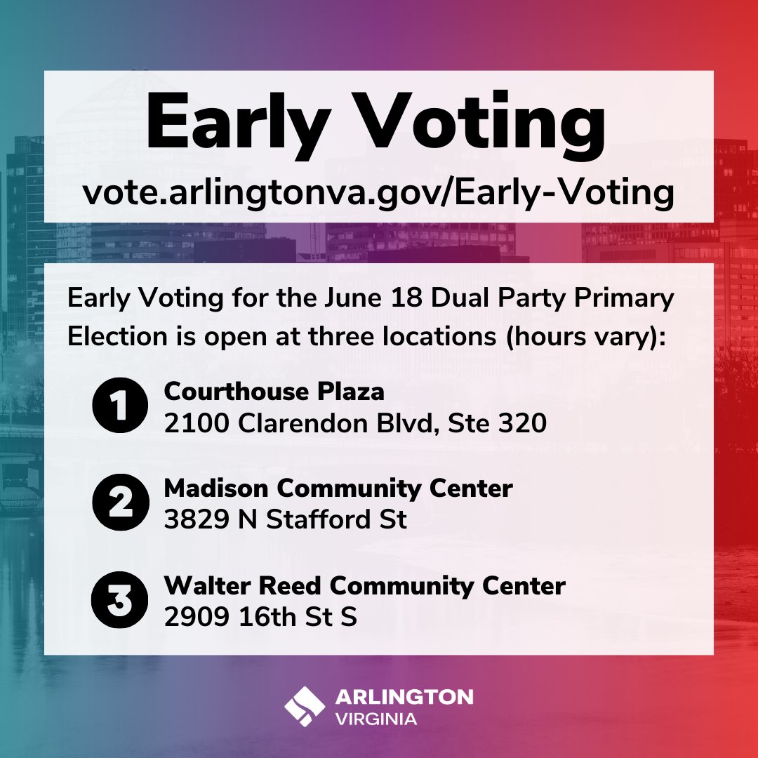 ArlingtonVotes's tweet photo. Early Voting for the June 18 Dual Primary will be open from 9am-5pm at 3 locations today, 6/8
 https://t.co/Um3eBuRP8L

📍Courthouse Plaza
📍Madison Community Center
📍Walter Reed Community Center

#ArlingtonVotes #Vote2024 #EarlyVoting https://t.co/VWAvkeNN4L