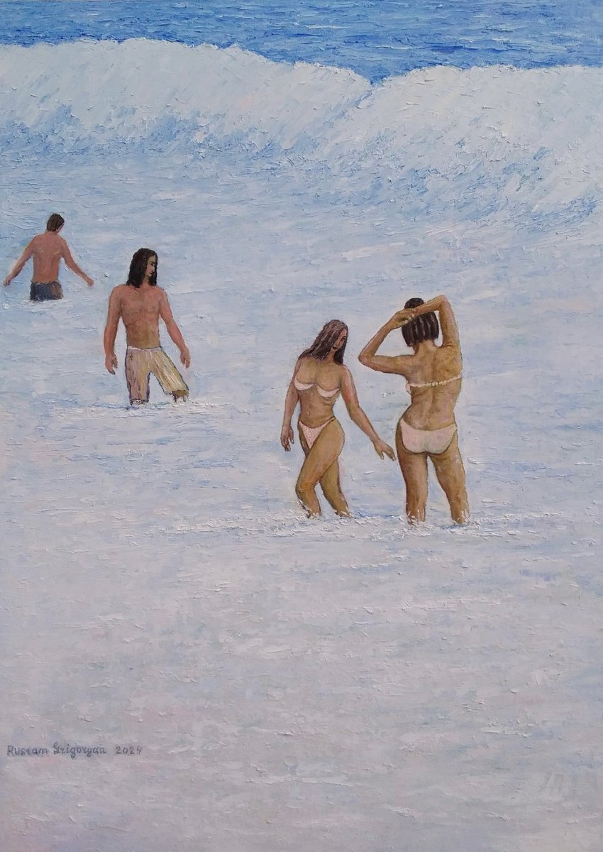 Rustam Grigoryan. People swim when there are waves on the sea. Oil painting on canvas.