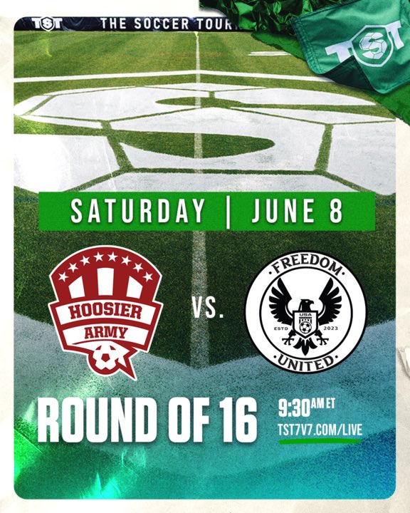 TST7v7's tweet photo. THE ROUND OF 16 FOR THE MENS BRACKET KICKS OFF IN 30 MINS‼️

Hoosier Army takes on Freedom United SC on https://t.co/90azZfLM0G https://t.co/VRMDNvWwuc