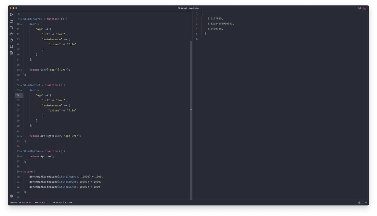 simonhamp's tweet photo. well well well! this is interesting

I wanted to see how fast getting an enum value was in PHP compared to an array item

and then for giggles I compared it to Laravel's Arr::get (which is used by the config repository)

the results are 👀 https://t.co/KNWZ9jixHB