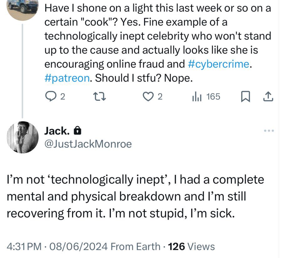 ReadReceiptOnX's tweet photo. “A complete mental and physical breakdown” that lasted throughout the period from November 2020 to the present day, was it?

That prevented you from fulfilling the >28,000 things that you, Jack Monroe, @JustJackMonroe owed to Patreon subscribers during that time? https://t.co/HzyJAtX0oO