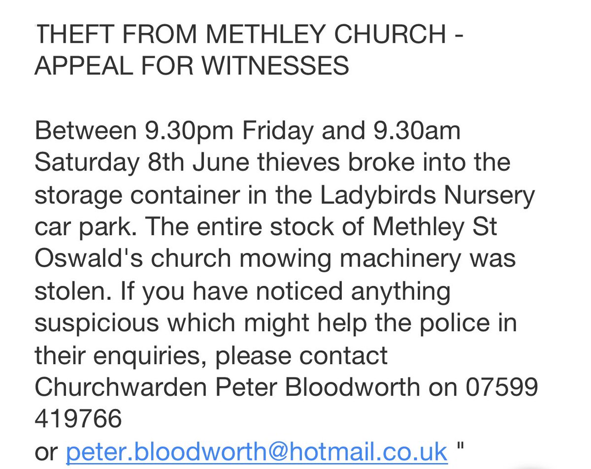 StOswaldMethley's tweet photo. Our entire stock of mowing machinery for the churchyard has been stolen. If you noticed anything suspicious which could help the police please contact Peter Bloodworth - details below. https://t.co/FGtDKIFi2M