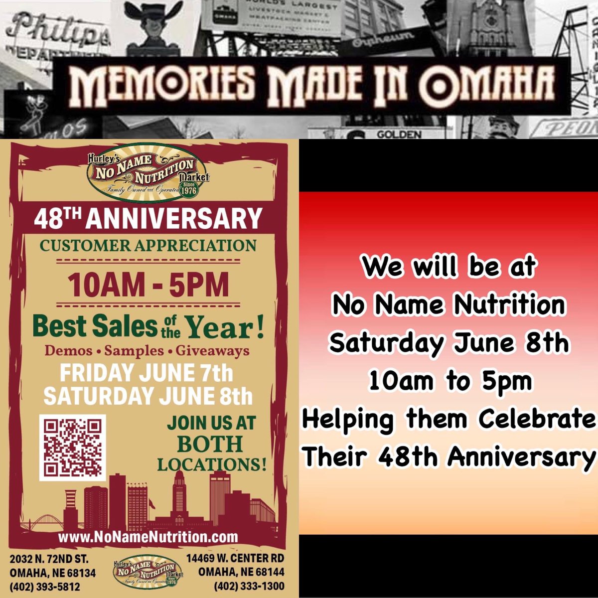OmahaMemories's tweet image. Stop and see us today at No Name Nutrition on 72nd just north of Blondo.  We will have table set up outside with our local nostalgia shirts and hats.  No Name Nutrition is celebrating their 48th anniversary with a huge sale and special event!  
We are excited to be part of it!