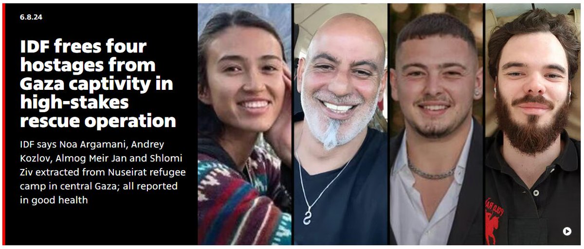 CarlosMaslaton's tweet photo. Los cuatro judíos secuestrados el 7/10/2023 por terroristas palestinos y rescatados hoy en Franja de Gaza por las Fuerzas de Defensa de Israel. Observar dónde estaban escondidos: en un campo de refugiados. Es el método árabe infalible. Los secuestrados, quedan 120 más, están en casas comunes, en escuelas, en hospitales y hasta en dependencias de las Naciones Unidas. Y desde estos sitios es de donde contínuamente disparan sus misiles hacia Israel. Por lo tanto, los muertos civiles palestinos son responsabilidad completa y exclusiva de sus dirigentes terroristas que los usan como escudo y los someten a la eventualidad de ser heridos o muertos. Israel es el único país del mundo que, antes de atacar, pone en sobreaviso a la población del enemigo para que salga del lugar objeto de una operación específica de guerra. Israel no obtiene beneficio alguno, y no le interesa, que mueran civiles. El extremo cuidado que pone genera más impotencia y odio en el mundo árabe, lo mismo que en toda la izquierda europea y latinoamericana antijudía y sucesora histórica del nazismo alemán. No obstante los ataques de propaganda contra Israel, se reitera desde estas columnas que no existe ninguna posibilidad de que los judíos no nos defendamos de la agresión. Pueden probar todas las veces que quieran, la respuesta siempre estará y ningún terrorista con sangre en las manos quedará impune. Y se recuerda, por salvar una sola vida judía, Israel puede iniciar una guerra. Es un principio que jamás se dejará de lado y que hace a la supervivencia de los 16 millones de judíos que existen en el mundo.