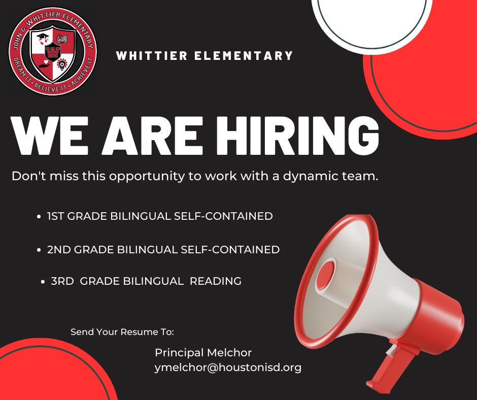 Come by and visit <a href="/WhittierES_HISD/">Whittier Elementary</a> at the HISD job fair today 9-12 at Hattie Mae White.