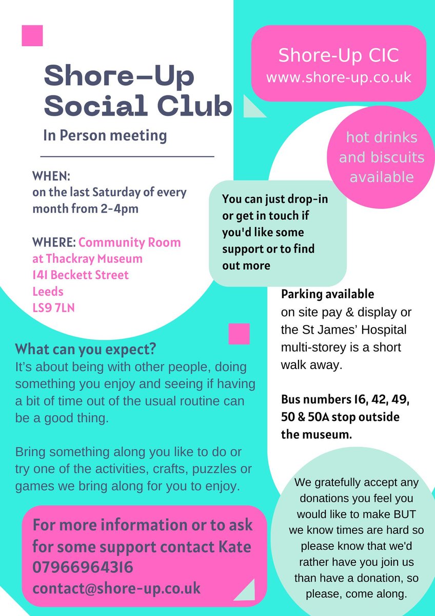 Shore-Up CIC (@shoreupcic) on Twitter photo This month, you can find us at the Thackray Museum's Community Room for our in person social club, Saturday 27 June, 2-4PM. Contact Kate on 07966 964316. or email contact@shore-up.co.uk for more info - or just come along and say hi! This month, you can find us at the Thackray Museum's Community Room for our in person social club, Saturday 27 June, 2-4PM. Contact Kate on 07966 964316. or email contact@shore-up.co.uk for more info - or just come along and say hi!