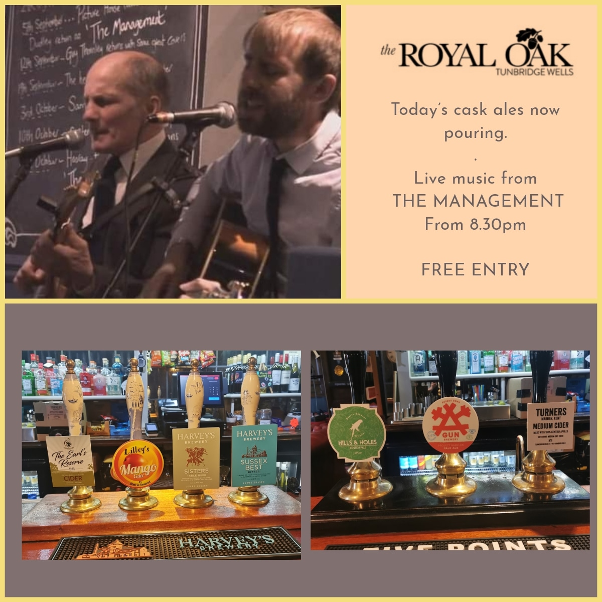 TheRoyalOakTW's tweet photo. Today's cask ales now pouring.

Live music from 8.30pm tonight featuring THE MANAGEMENT.  Free Entry

#harveysbrewery #gunbrewery #bexleybrewery #westkentcamra #twpubs #realale #realalefinder #livemusic #twmusic #localmusic #twevents https://t.co/yWAuFzr8jp