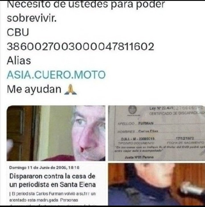 Por denunciar la corrupción Kirchnerista y la complicidad opositora casi me mataron,recibí agresiones,estuve preso,hoy censurado,sin trabajo y con una enfermedad incurable necesito ayuda urgente de ustedes por favor🙏 
Nadie me quiere dar una mano 
Dios los bendiga🙏 
Ayuda🙏
RT