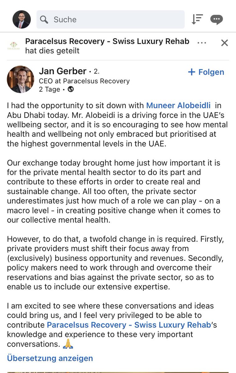 l_m_s15's tweet photo. Interessant, der CEO von Paracelsus Recovery, der Tochtergesellschaft von #LimesSchlosskliniken ist in Abu Dhabi gewesen um sich über das Thema mentale Gesundheit auszutauschen. https://t.co/WDU3IgKc7i