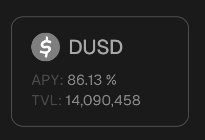 mkuegi's tweet photo. Because many didn't realize it yet:
The fee on $DUSD is already below 20% and dropping 0.5% daily.
You currently get 16 DUSD for 1 USDT and get >80% APY for staking $DUSD.
just so you know. https://t.co/H8YDf4o9og