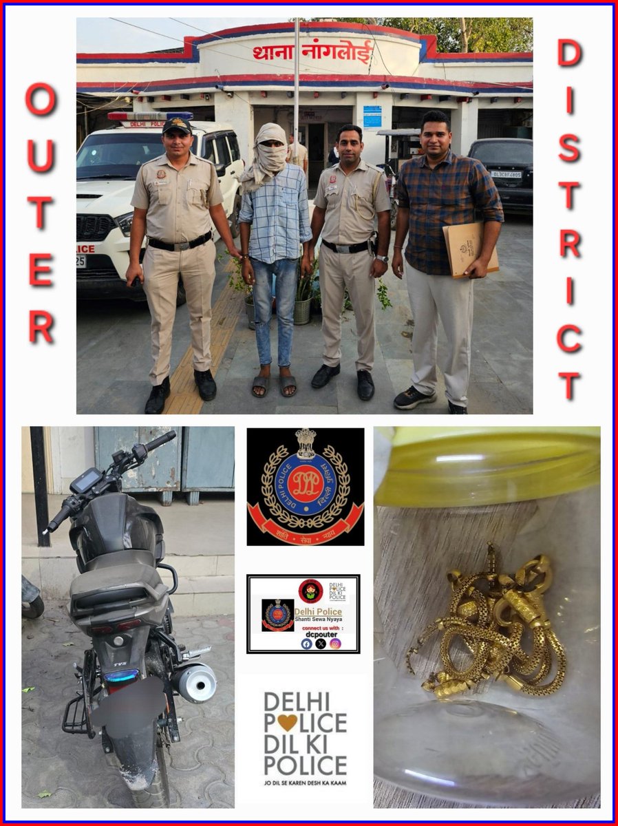 dcpouter's tweet photo. Major Breakthrough by the team of PS Nangloi!

The team arrested 01 Snatcher within hours of the crime and recovered the snatched gold chain alongwith 01 M/Cy. which was used in the commission of crime.
@DelhiPolice
#DPUpdates https://t.co/sZMrUgYmYR