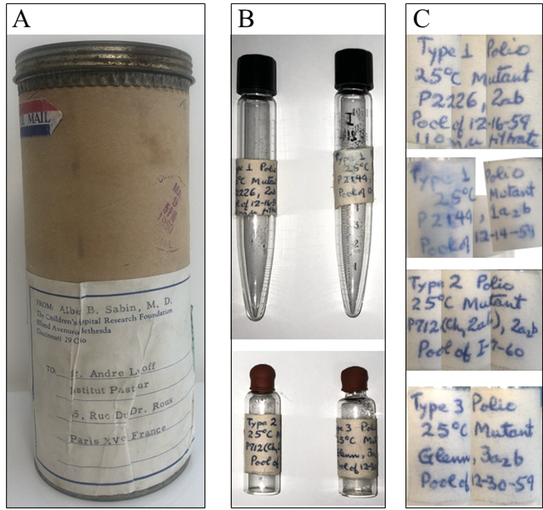 lab_jouvenet's tweet photo. We found 4 vials of #poliovirus vaccine candidates sent by A. Sabin to A. Lwoff in 1960 and never opened since ! 
We managed to sequence 3 of them and isolate 2 of them …we got some surprises…  to be followed… https://t.co/tKWN5mHxAb